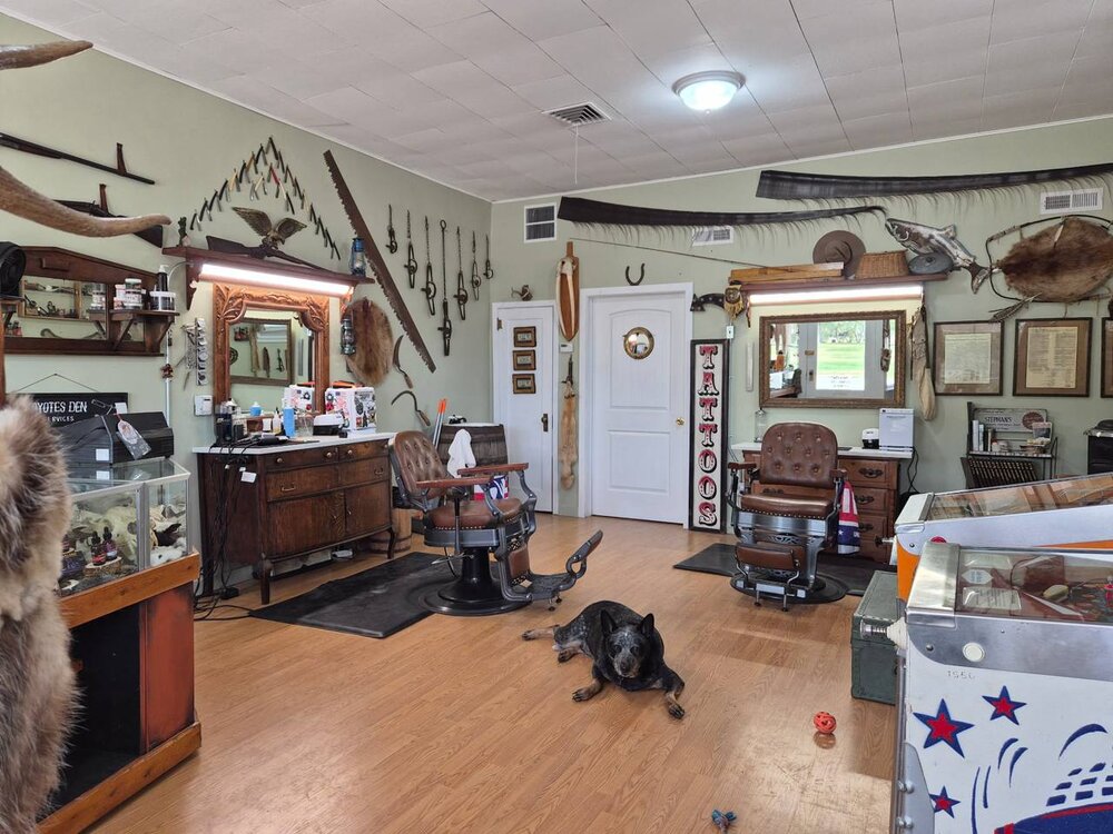 Barber chairs and tattoo sign inside Coyote's Den